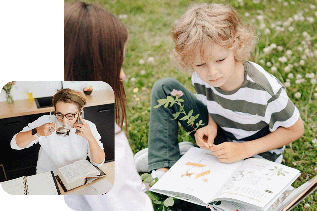 Blondes Kind mit Buch auf dem Schoß, Kind in Testsituation