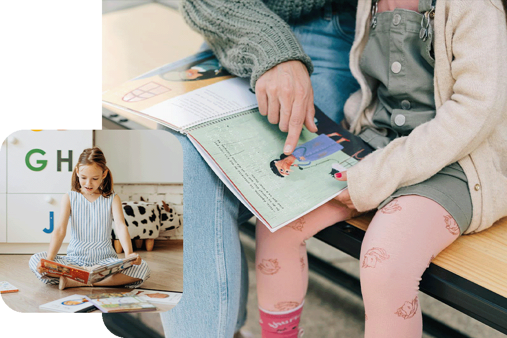 Erwachsener und Kind mit Buch auf dem Schoß, Mädchen beim Lesen